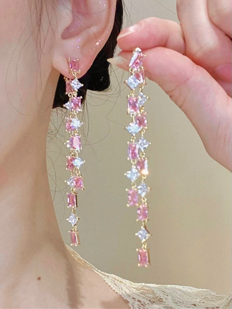 Pink Zirconia Tassel Earrings