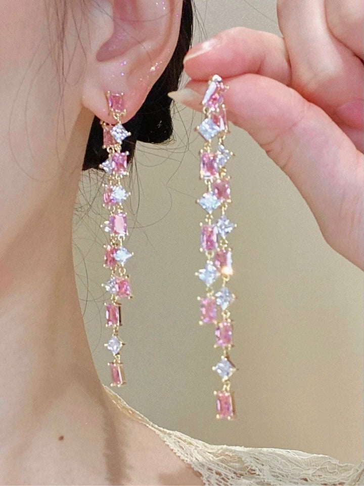 Pink Zirconia Tassel Earrings
