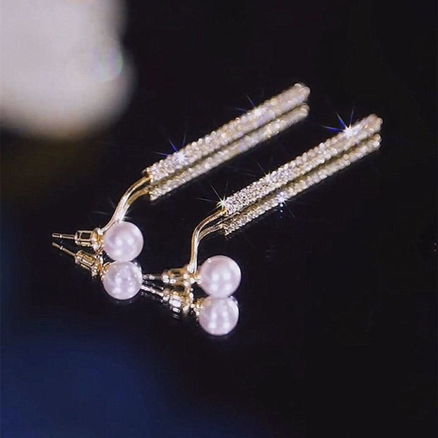 Minimalist Pearl Tassel Zirconia Earrings