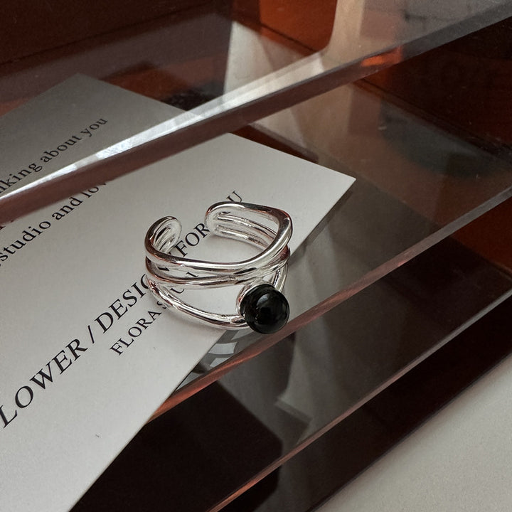 S925 sterling silver black onyx multi-line ring