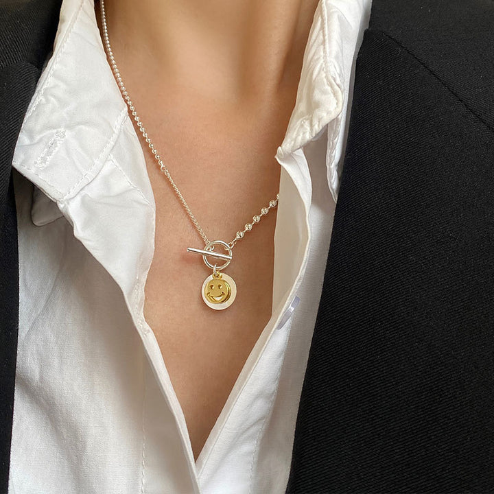 S925 Sterling Silver Round Smiley Necklace