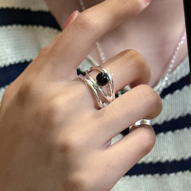 S925 sterling silver black onyx multi-line ring