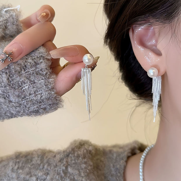 Pearl Mini Silver Tassel Earrings