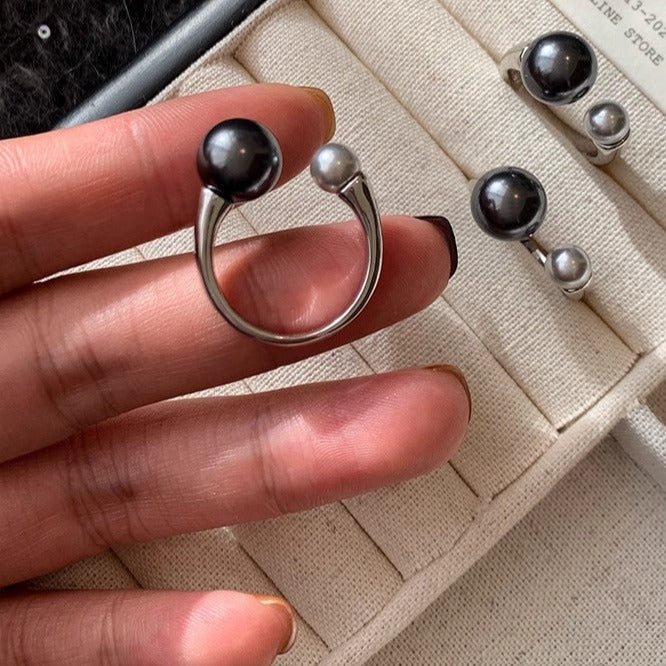 S925 Sterling Silver Black and Gray Pearl Ring
