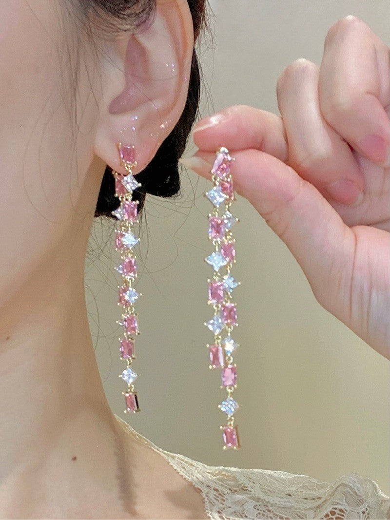 Pink Zirconia Tassel Earrings