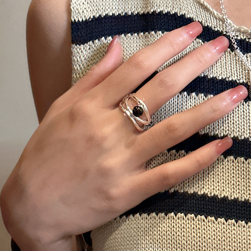 S925 sterling silver black onyx multi-line ring