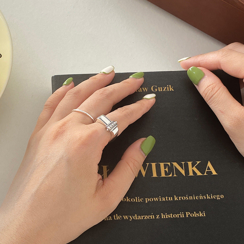 S925 Sterling Silver Square Diamond Pearl Adjustable Ring