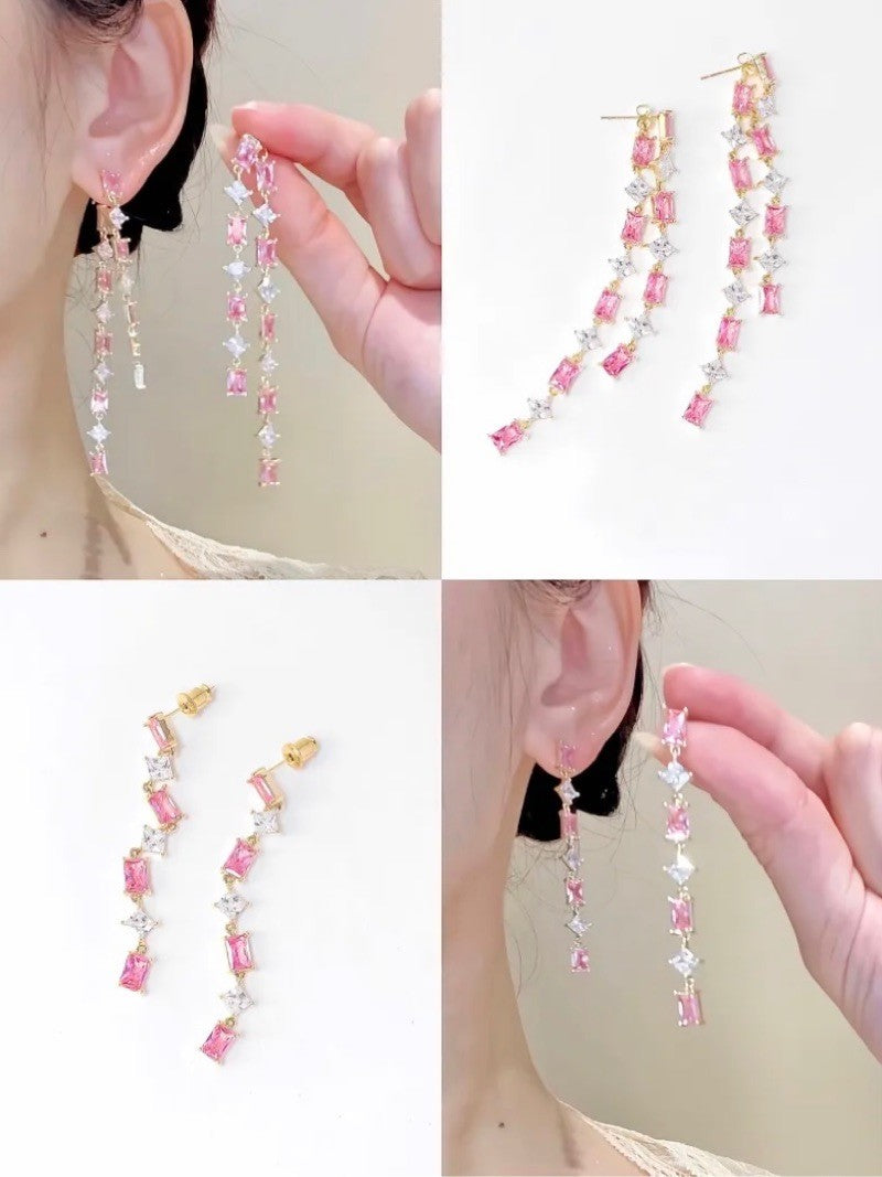 Pink Zirconia Tassel Earrings