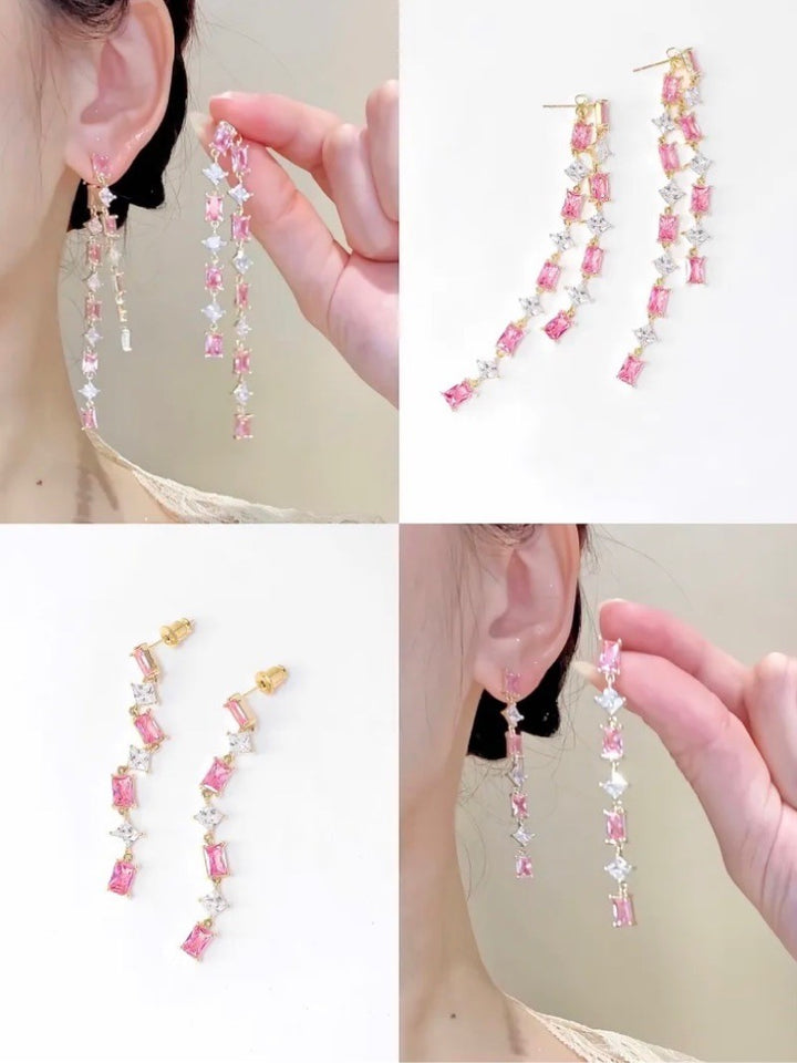 Pink Zirconia Tassel Earrings