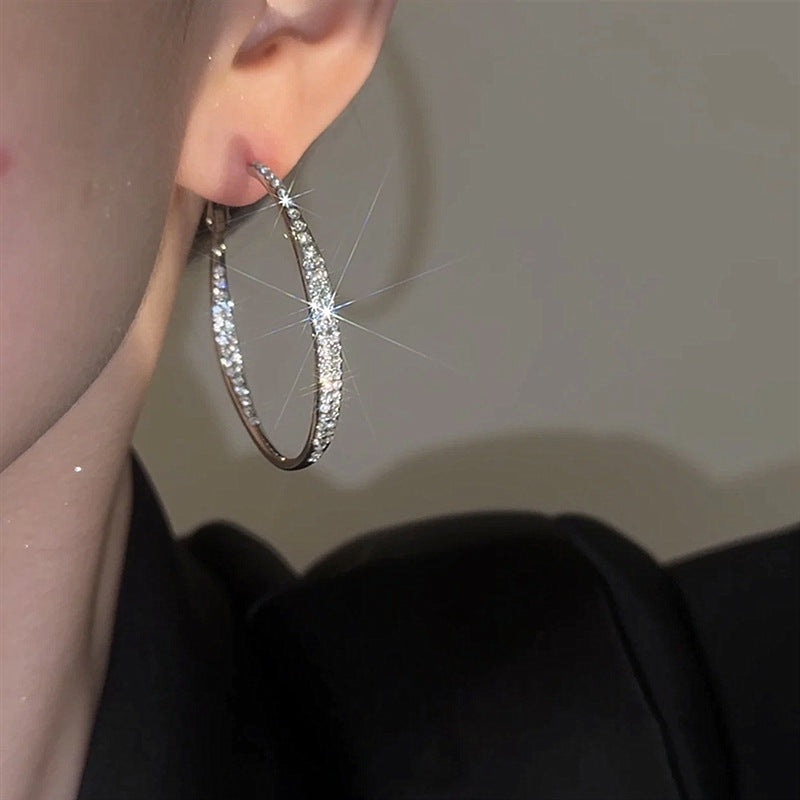 Rhinestone Large Hoop Silver Earrings