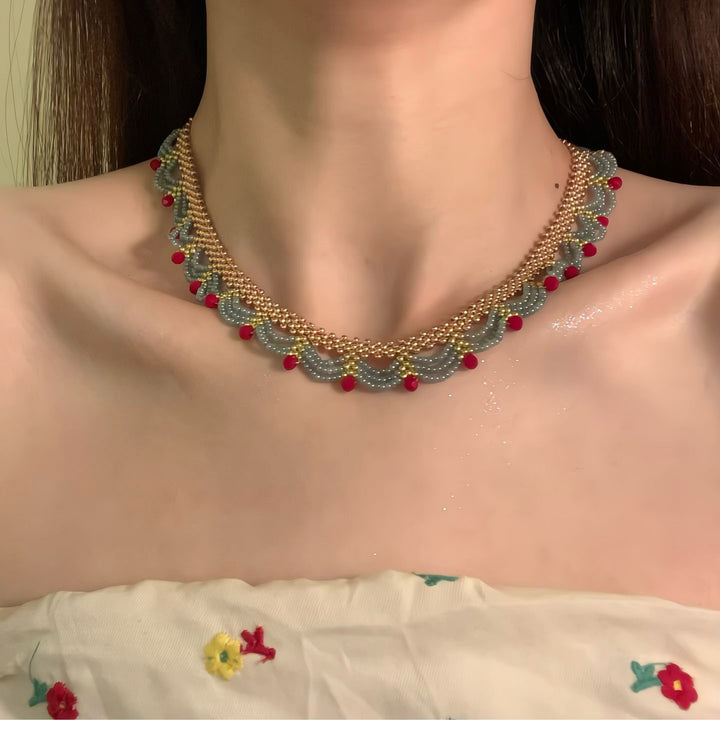 Multi-Layer Red Blue Gold Clashing Beads Necklace
