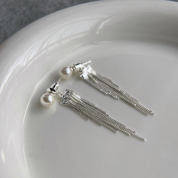 Pearl Mini Silver Tassel Earrings