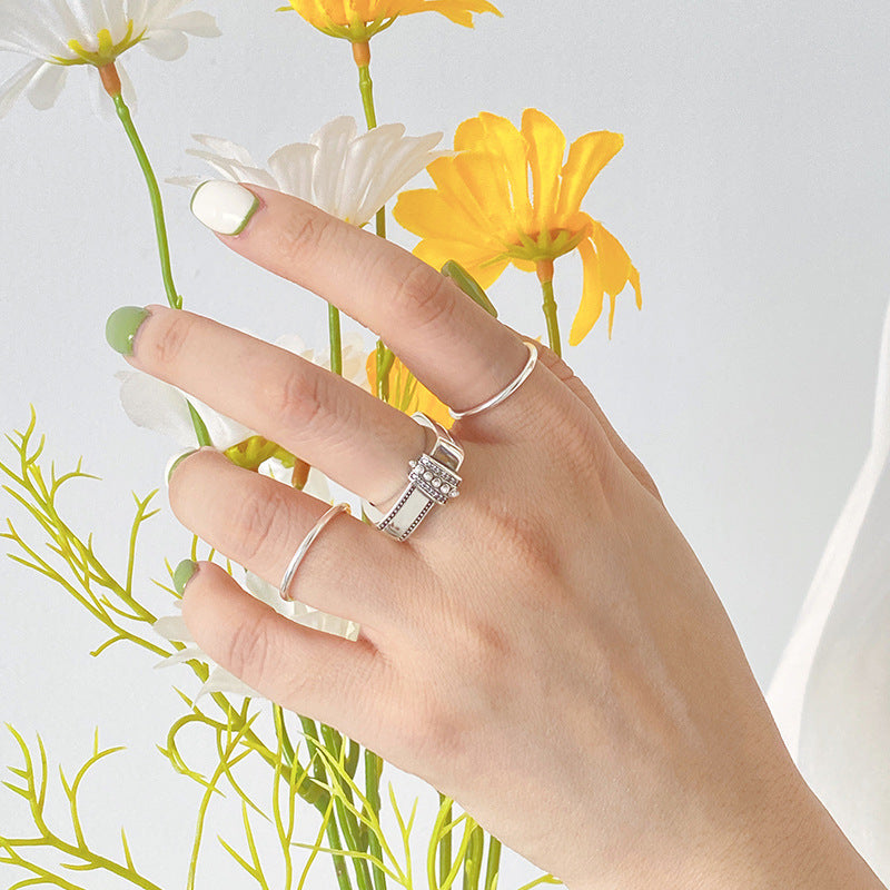 S925 Sterling Silver Square Diamond Pearl Adjustable Ring