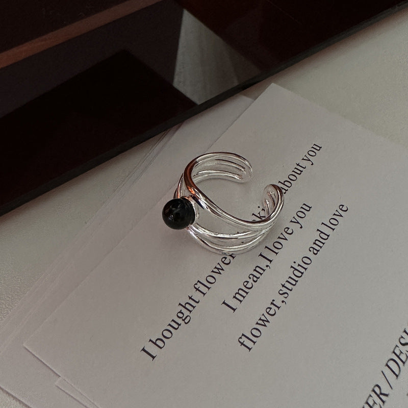 S925 sterling silver black onyx multi-line ring