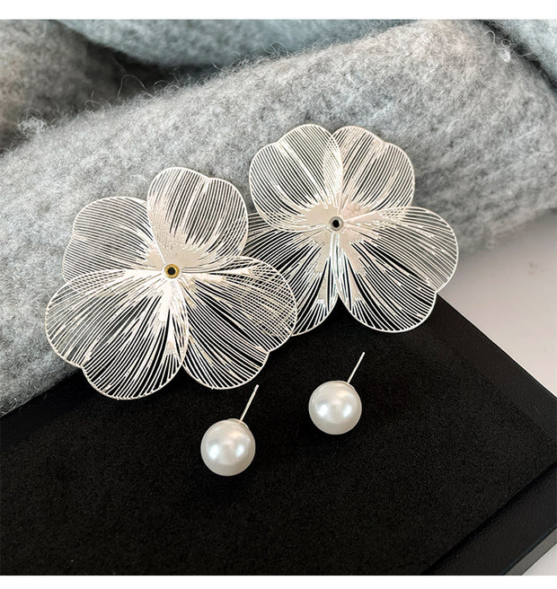 Silver Hollow Flower Petal Earrings