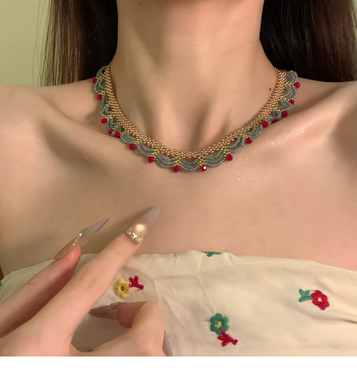 Multi-Layer Red Blue Gold Clashing Beads Necklace