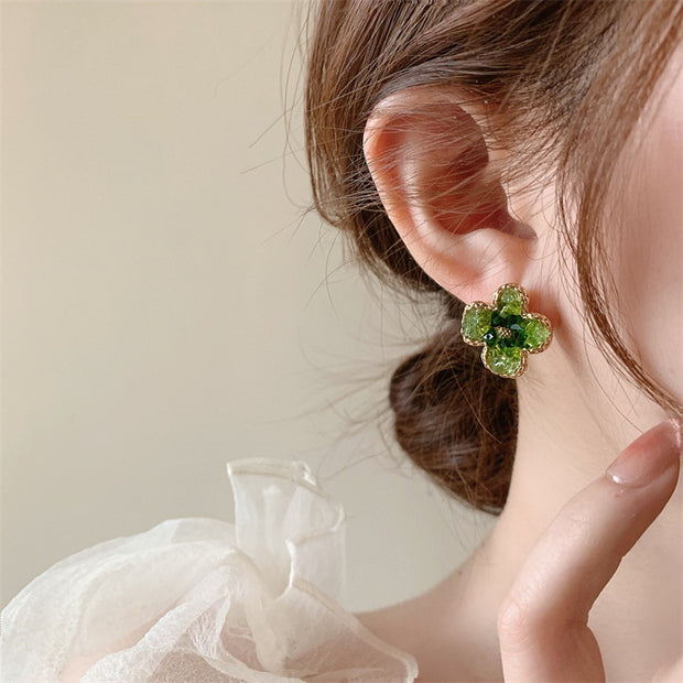 Gradient Crystal Green Flower Earrings
