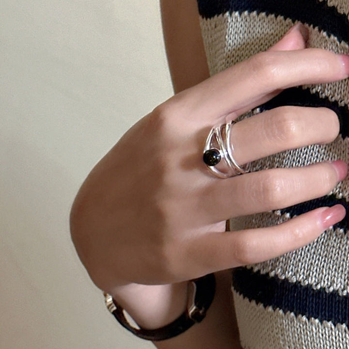 S925 sterling silver black onyx multi-line ring