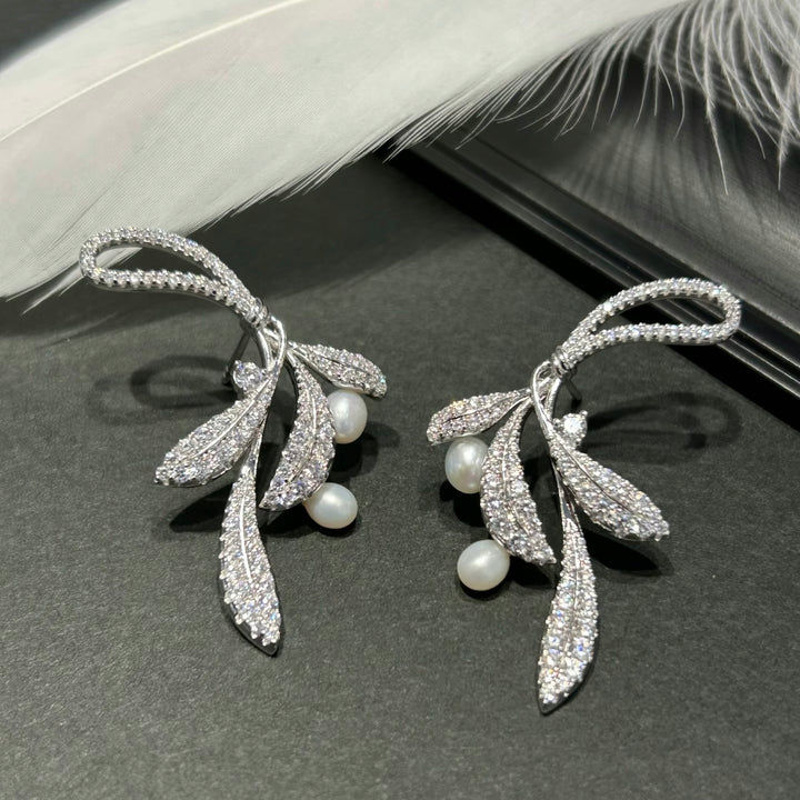 Whispering Leaves Sterling Silver Pearl Earrings