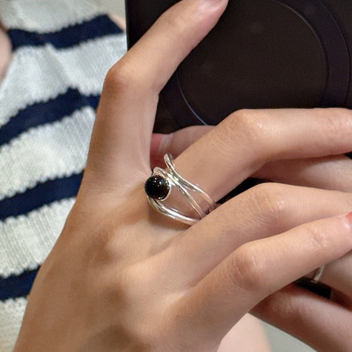 S925 sterling silver black onyx multi-line ring