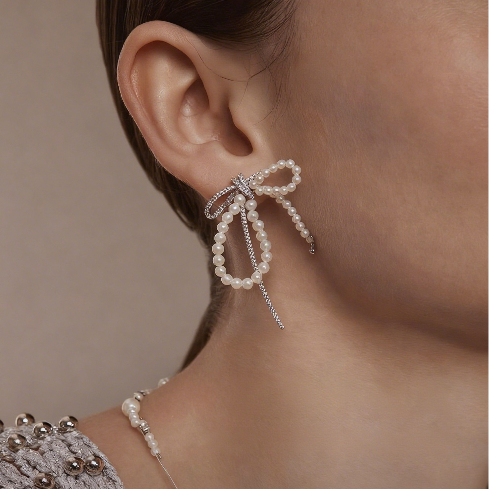 Sterling Silver Bow Pearl Earrings