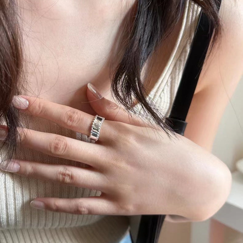 Sterling Silver Wave Glossy Beaded Edge Ring