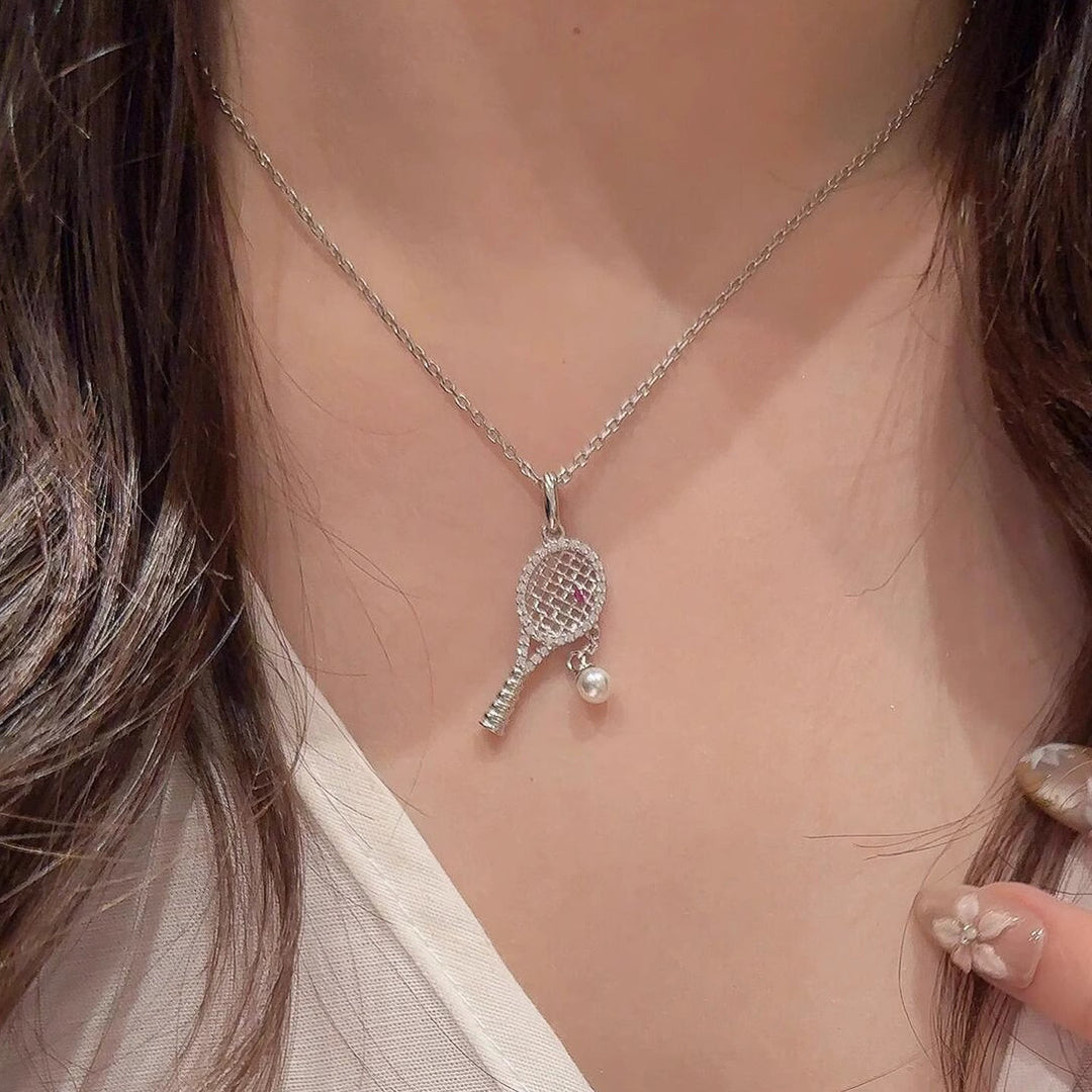 Tennis Racket Pink Diamond Pearl Necklace