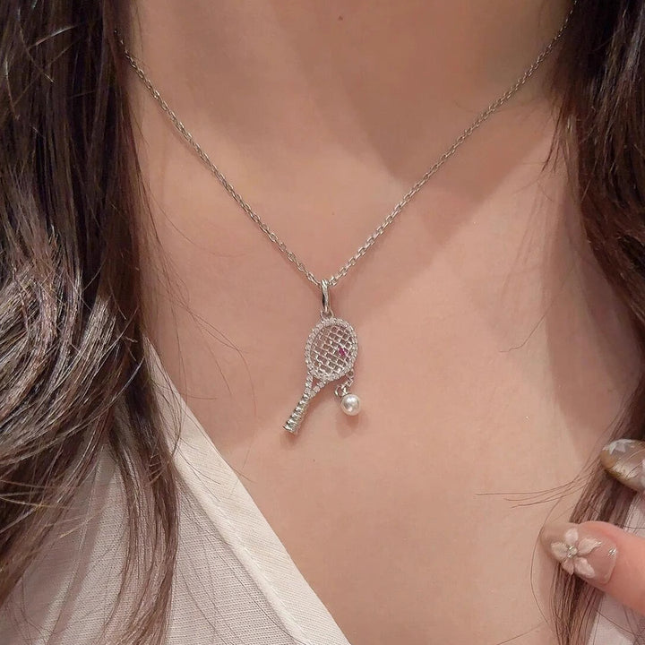 Tennis Racket Pink Diamond Pearl Necklace