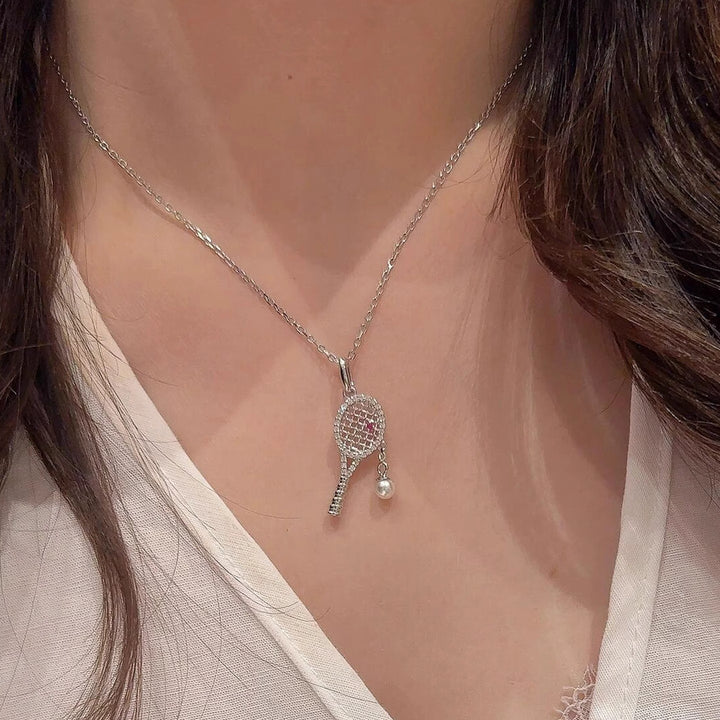 Tennis Racket Pink Diamond Pearl Necklace