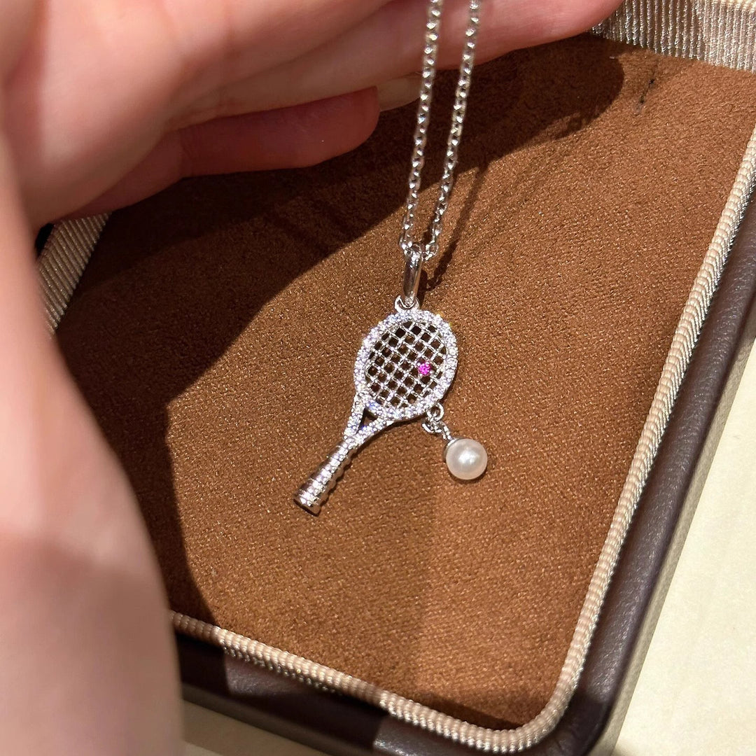Tennis Racket Pink Diamond Pearl Necklace
