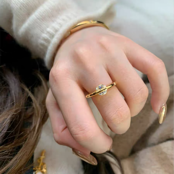 Cosmic Stellar Three-Stone Moissanite Ring