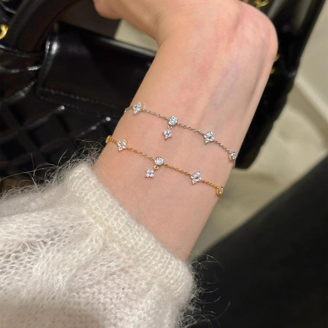 Sterling Silver Star Sparkling Five Flower Bracelet