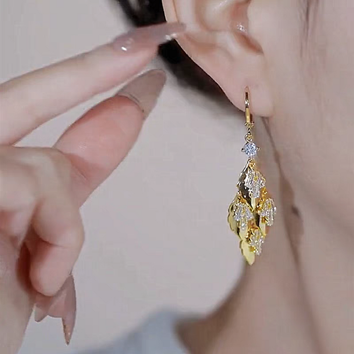 Diamond Leaf Tassel Earrings
