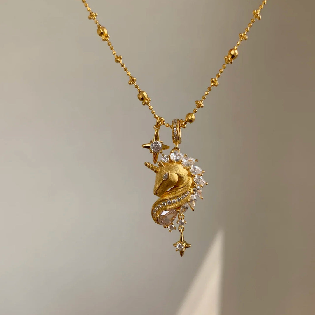 Unicorn Brushed Sparkling Rhinestone Starburst Necklace