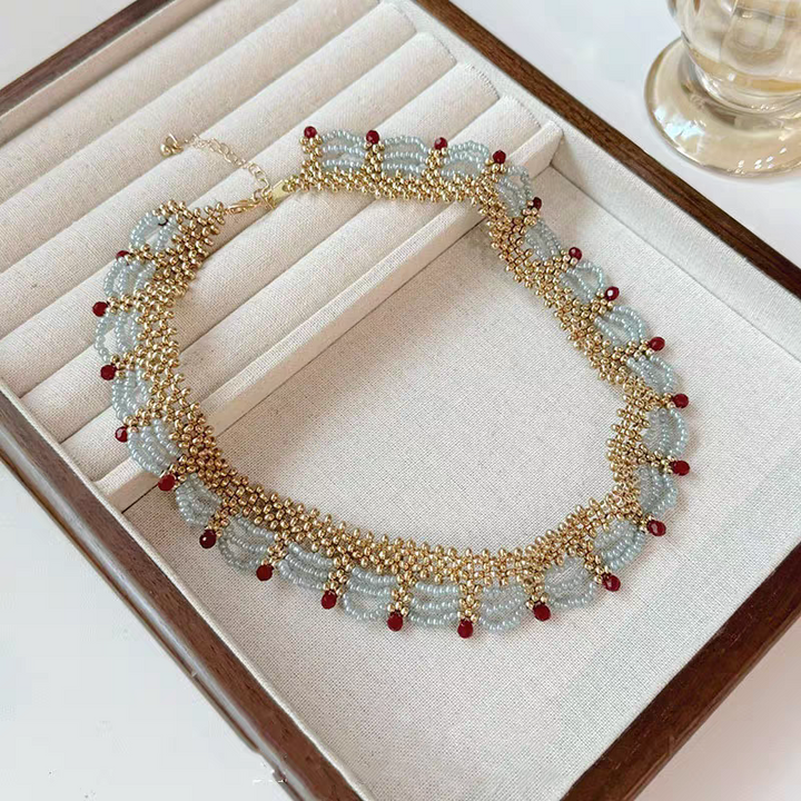 Multi-Layer Red Blue Gold Clashing Beads Necklace
