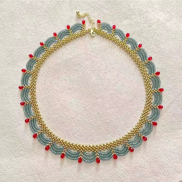 Multi-Layer Red Blue Gold Clashing Beads Necklace