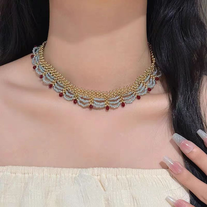 Multi-Layer Red Blue Gold Clashing Beads Necklace