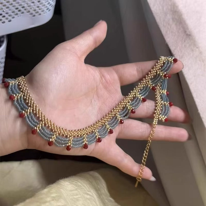 Multi-Layer Red Blue Gold Clashing Beads Necklace