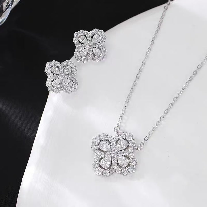 Four Leaf Clover Halo Necklace and Stud Earring Set