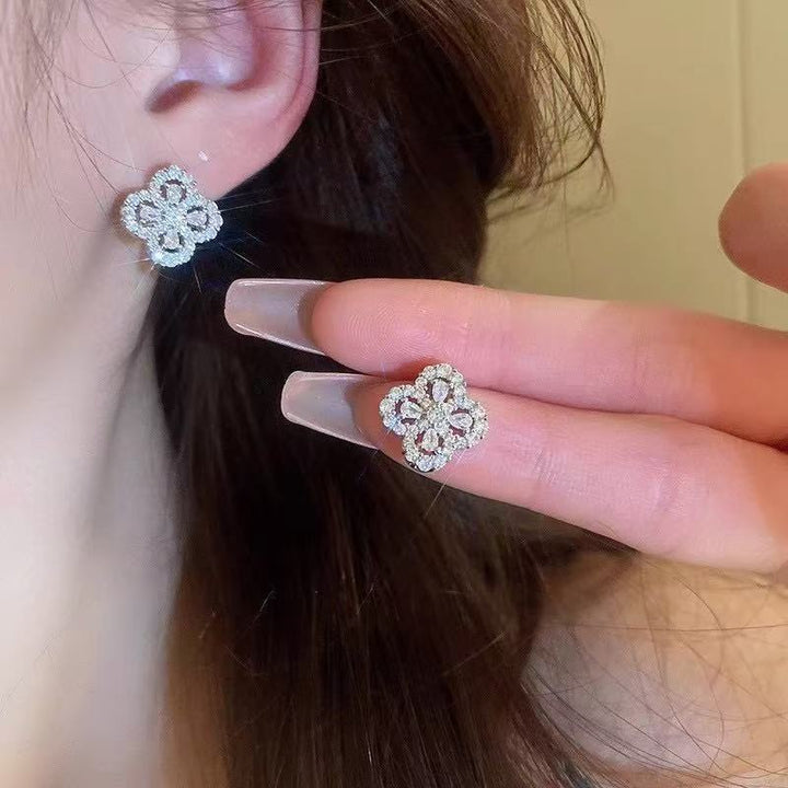 Four Leaf Clover Halo Necklace and Stud Earring Set