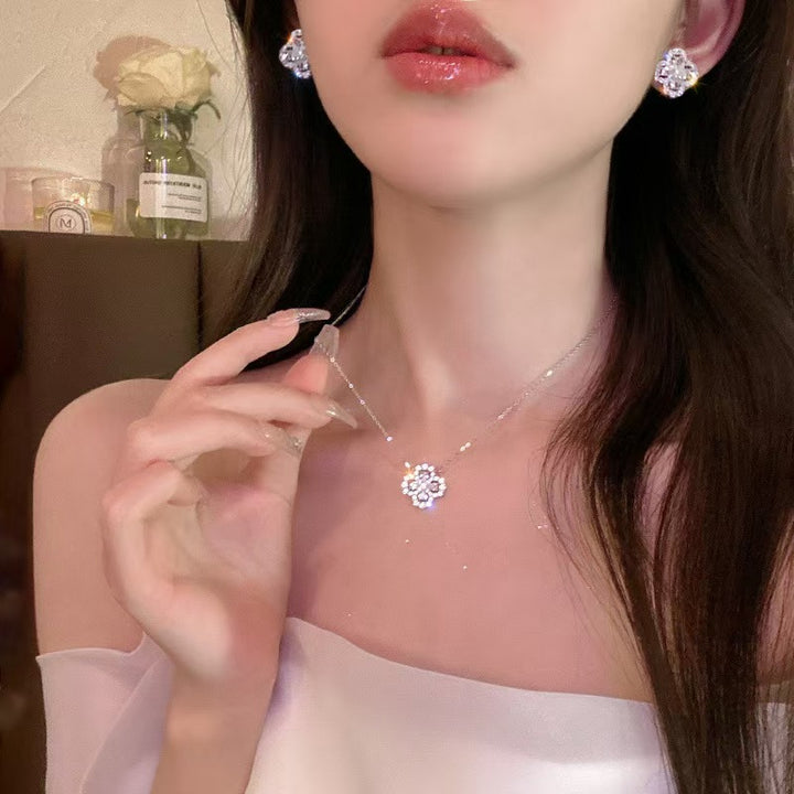 Four Leaf Clover Halo Necklace and Stud Earring Set