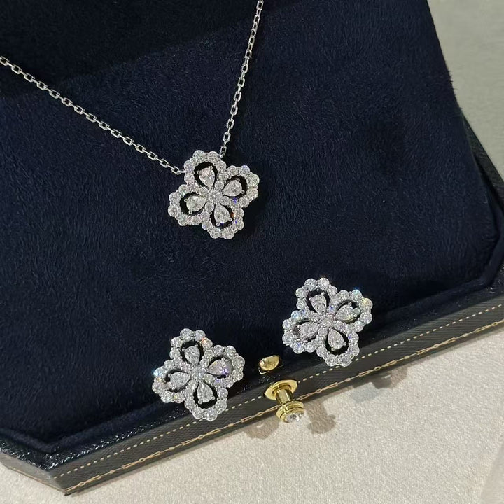 Four Leaf Clover Halo Necklace and Stud Earring Set