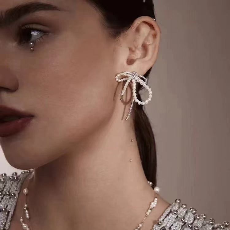 Sterling Silver Bow Pearl Earrings