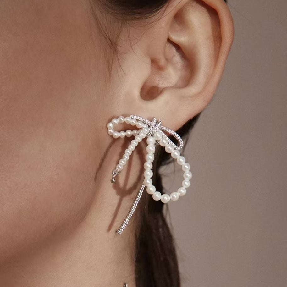 Sterling Silver Bow Pearl Earrings