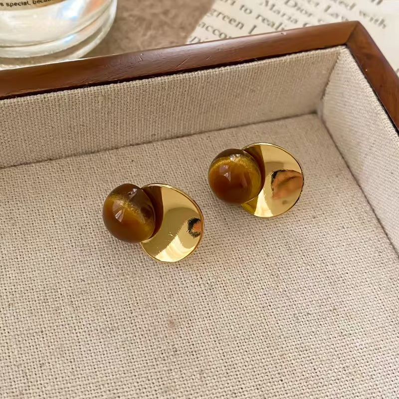 Tiger Eye Stone Gold Plated Stud Earrings