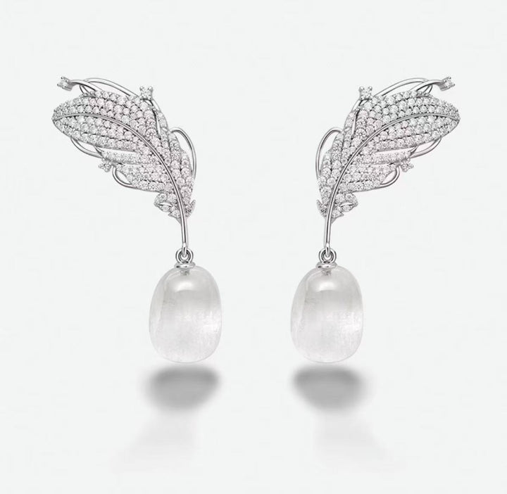 Feather Leaf Pearl Drop Earrings