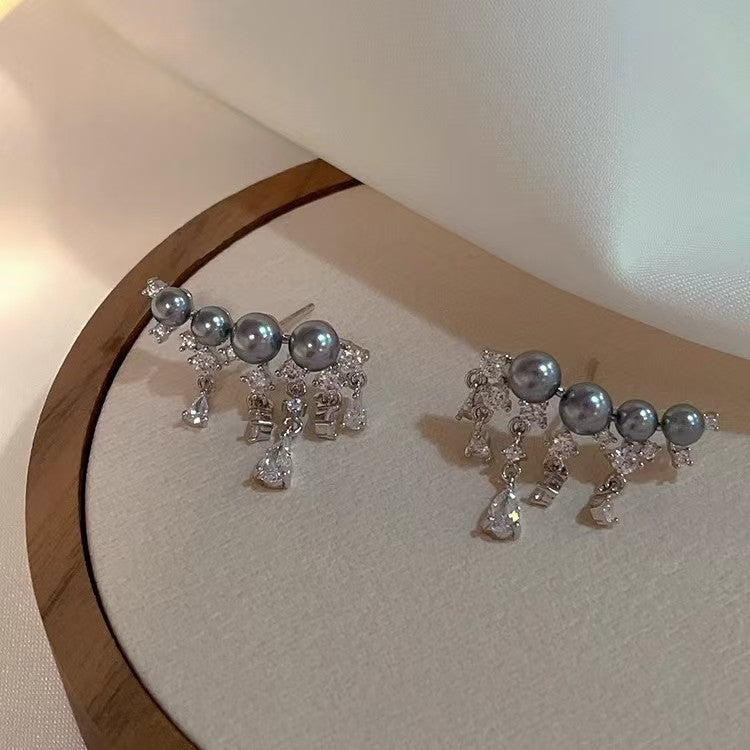 Gray Pearl Zircon Drop Earrings
