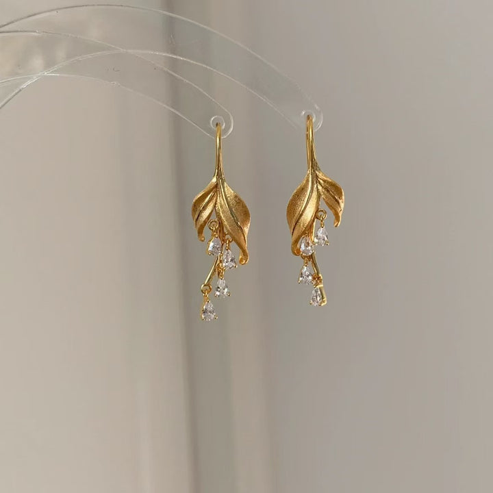 Lily Leaf Drop Earrings with Zircon