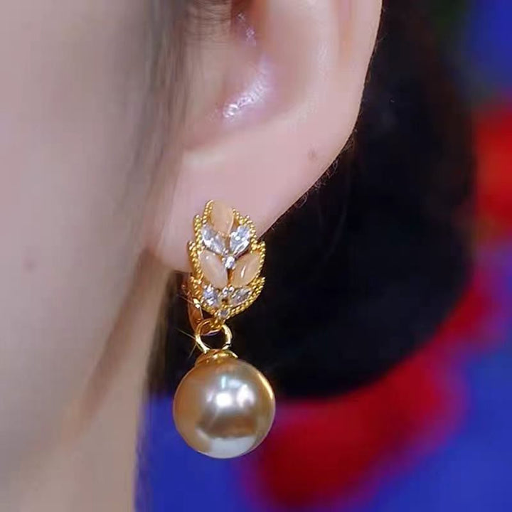 Golden Pearl Leaf Drop Earrings