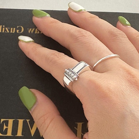 S925 Sterling Silver Square Diamond Pearl Adjustable Ring